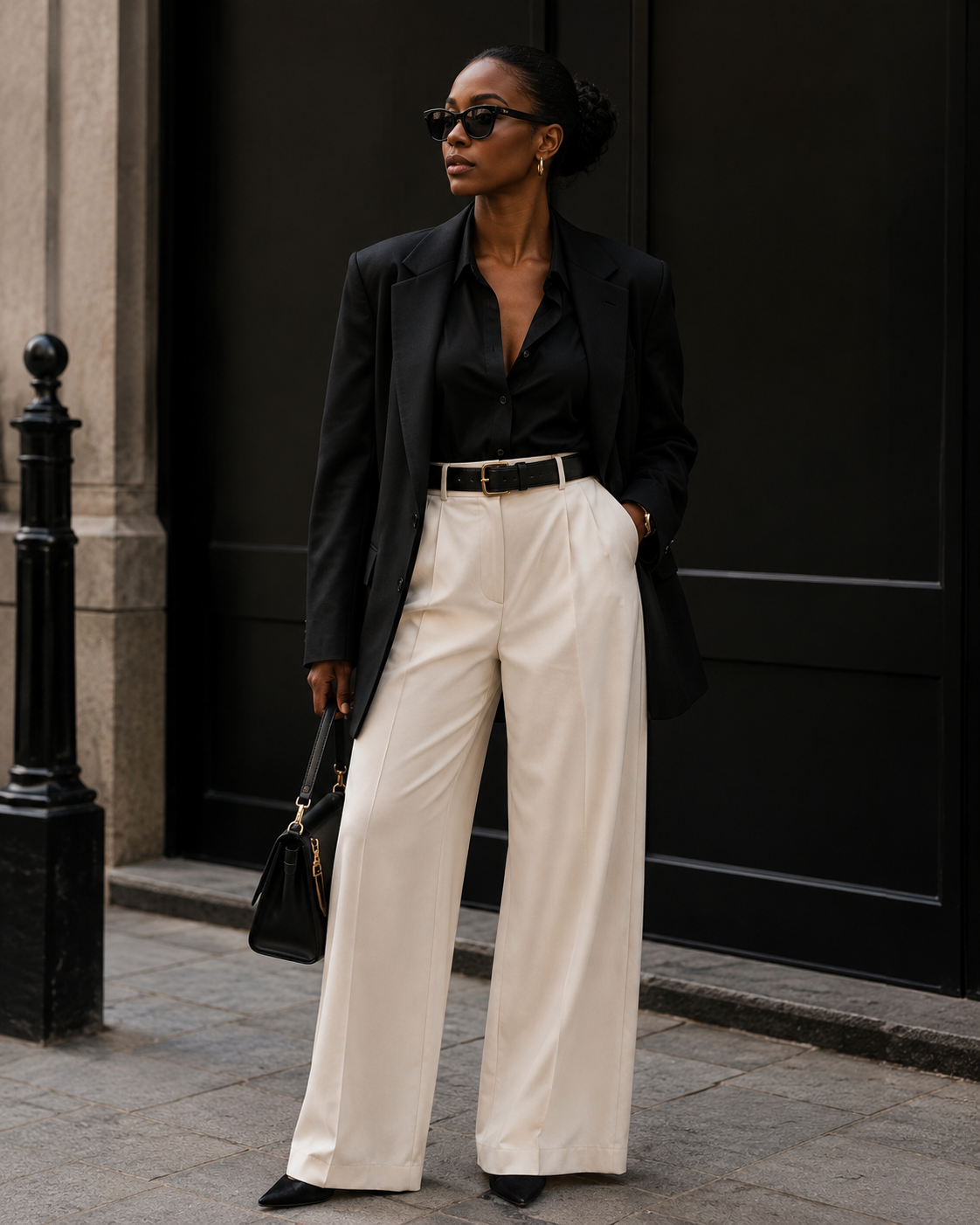 Editorial luxury fashion look in a black blazer and ivory trousers