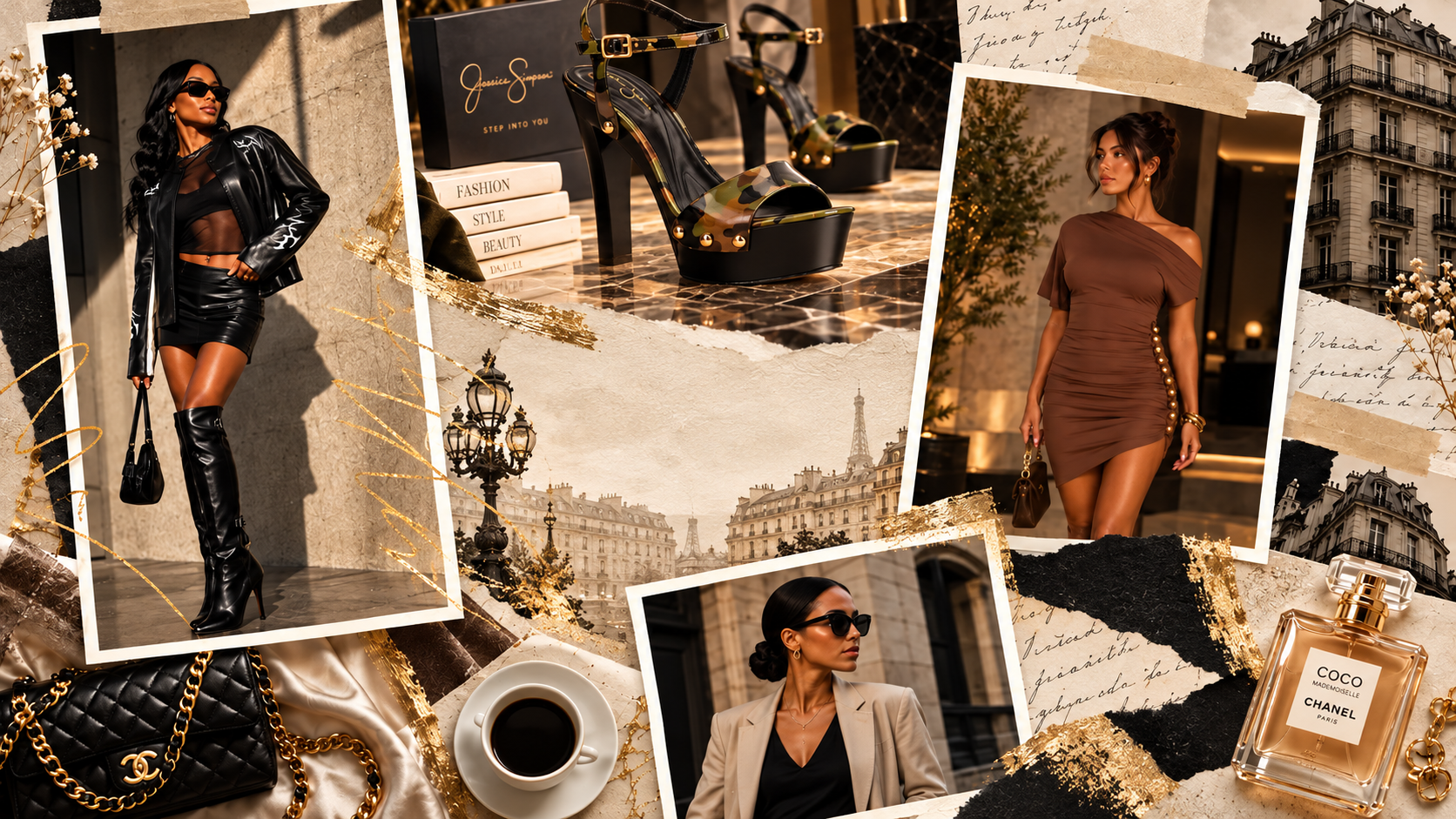 Luxury fashion editorial collage with city style and accessories