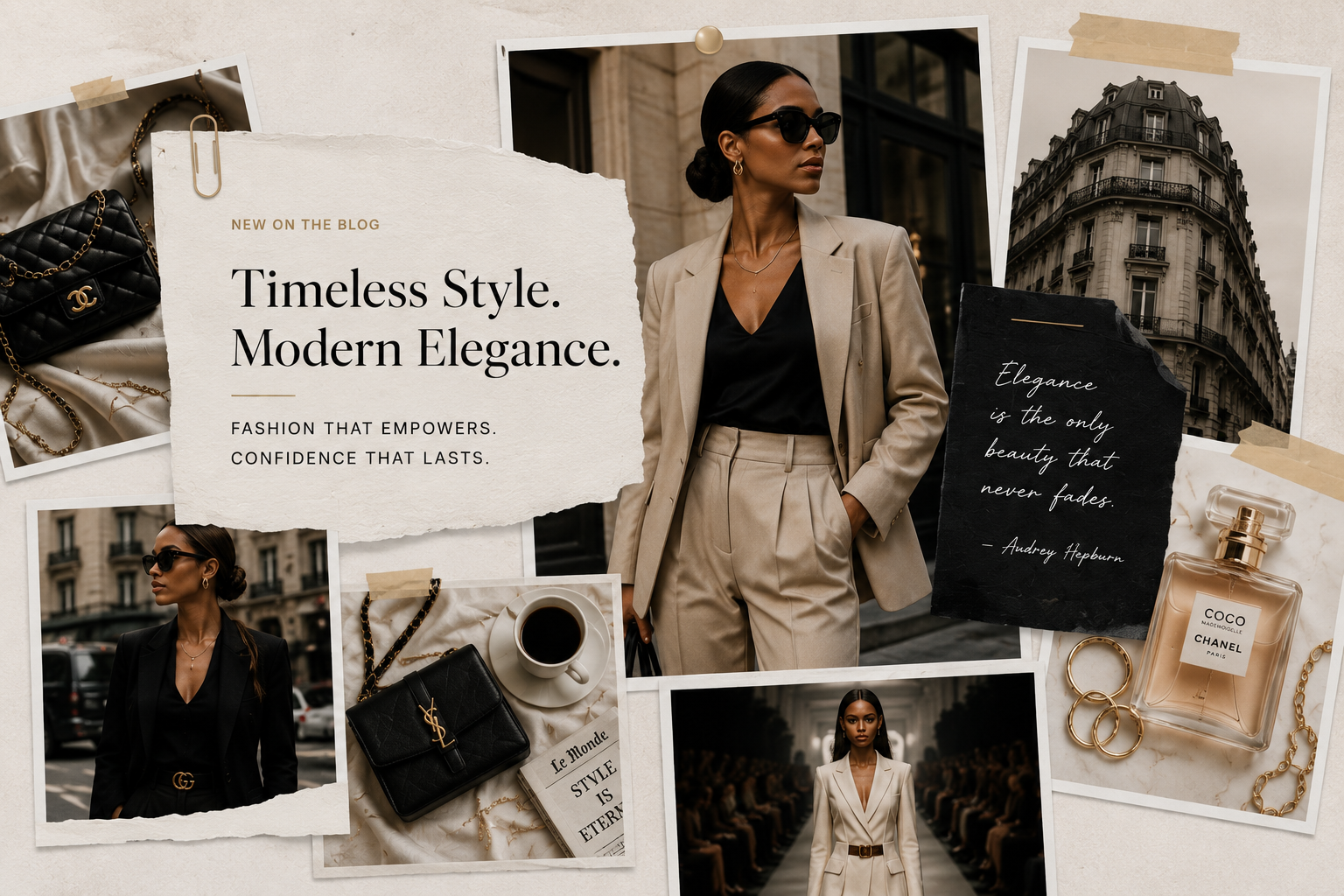 Luxury fashion editorial collage with city style and accessories